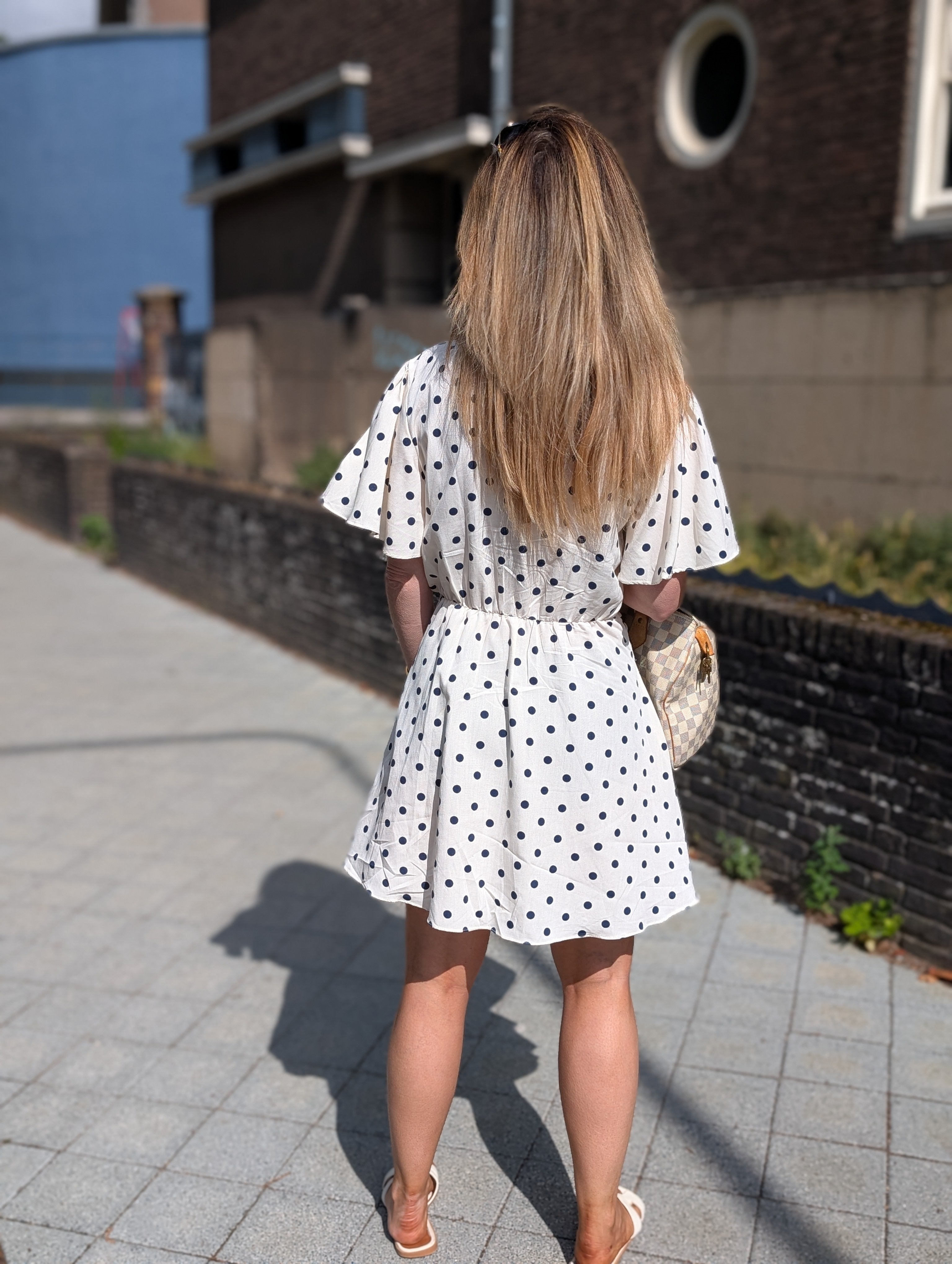 Polka Dot Wrap Dress Creme / marineblauw