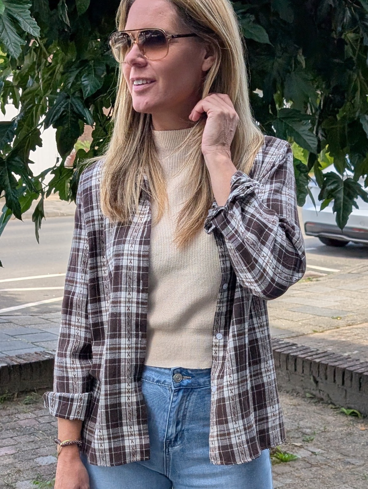 Bruin geblokte overhemd blouse