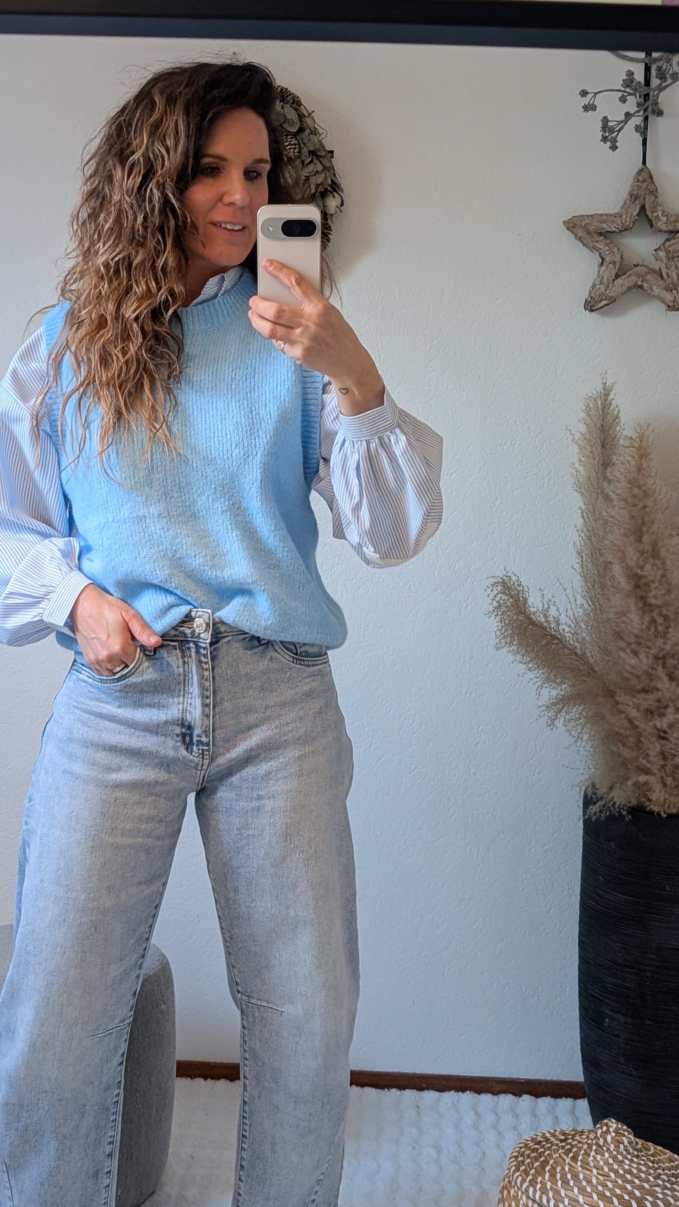 Lichtblauwe gebreide dames spencer