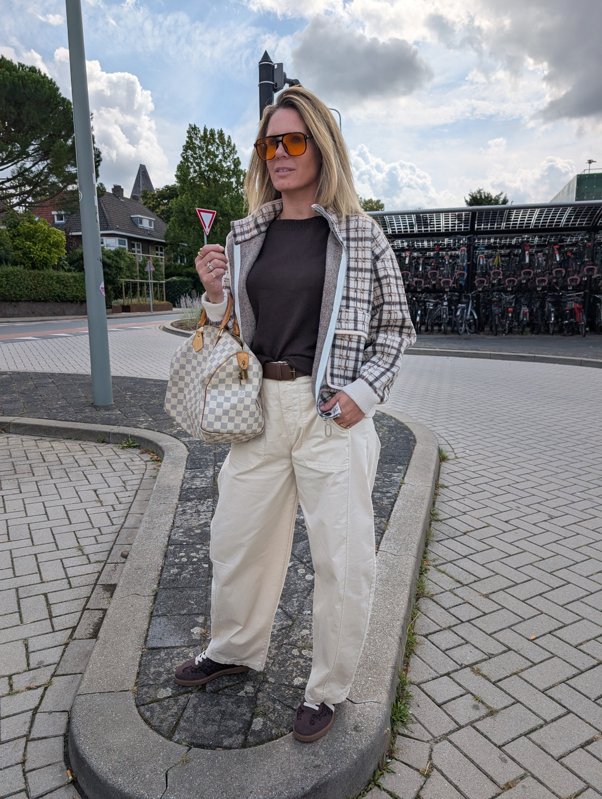 Oversized Gebreid Ritsvest met Ruitpatroon Beige - Bruin
