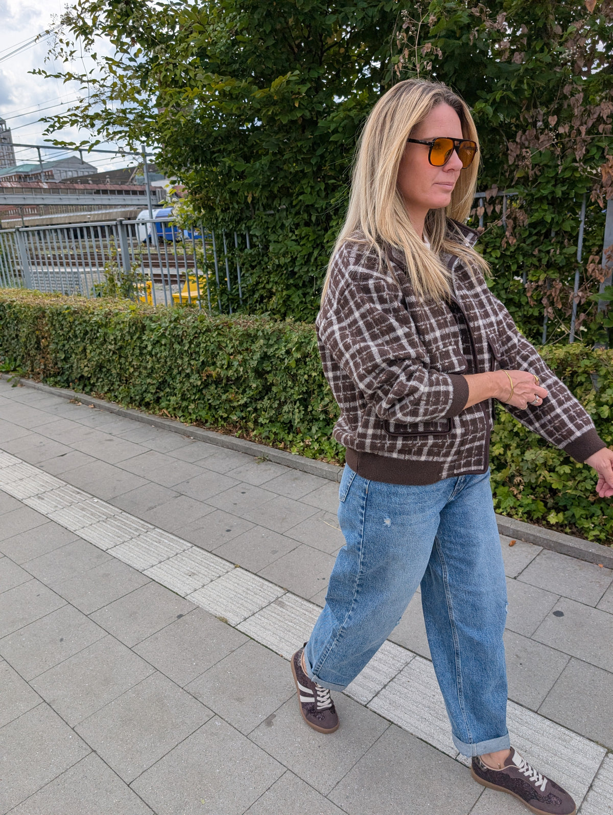 Oversized Gebreid Ritsvest met Ruitpatroon Chocoladebruin
